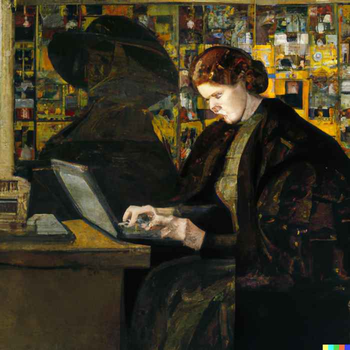 Een schilderij van een bibliotheekmedewerker achter een laptop door Jan Toorop. Bron: DALL-E