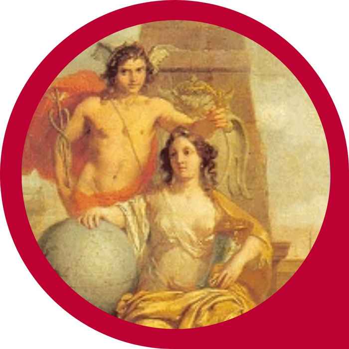 Detail uit schilderij van een vrouwelijk figuur met haar arm op een wereldbol en achterhaar een mannelijk figuur met engelenvleugels zoals getoond op de pagina van Ecartico