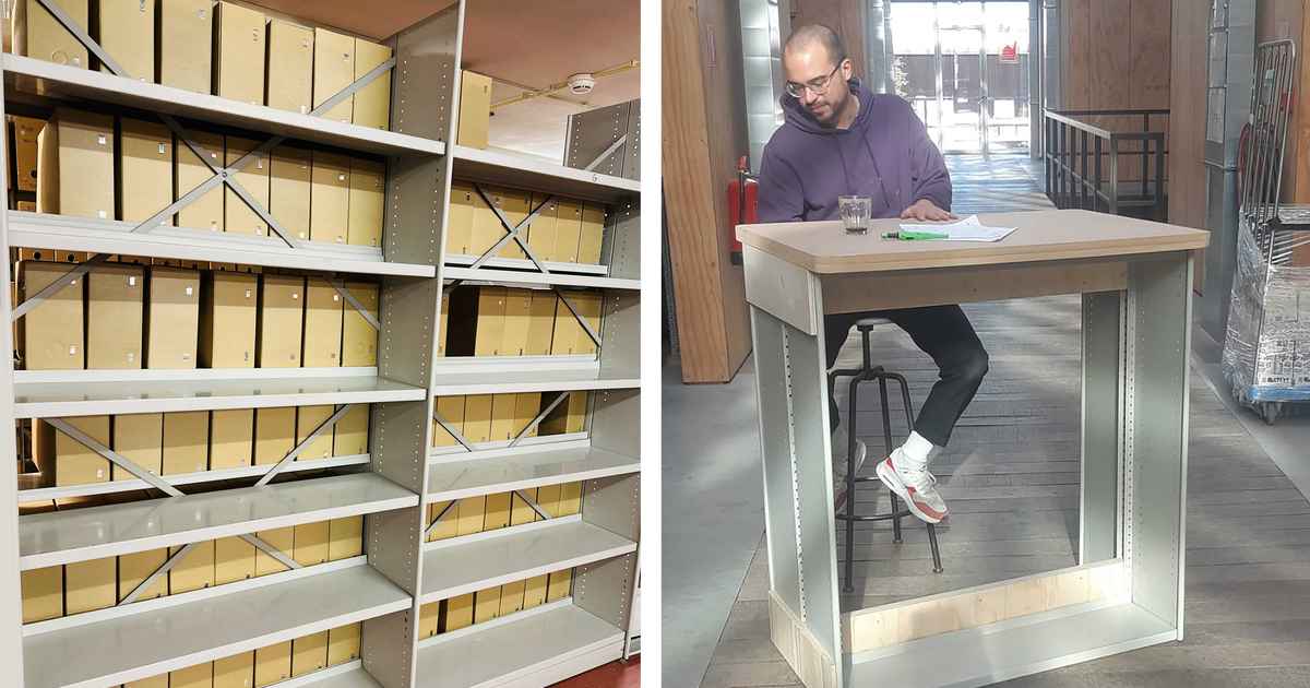 Circular tables made from surplus bookcases at Dutch Design Week