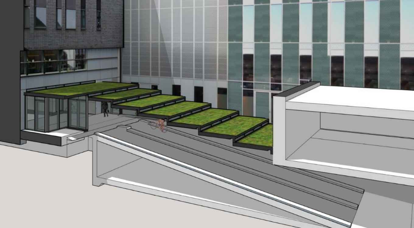 Artist Impression entrance bicycle parking facility Roetersstraat on Roeterseiland Campus