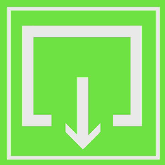 Een wit pictogram op een groene achtergrond dat aangeeft dat je vluchtwegen moet volgen middels een pijl die uit een ruimte wijst.