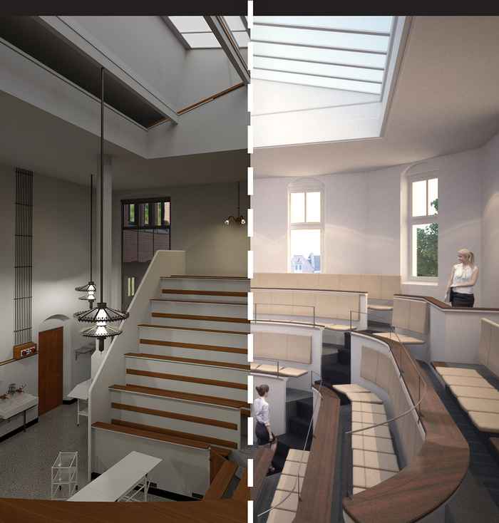 Reconstructie van het chirurgisch theater in 1901 en artist impression van de collegezaal in de nieuwe UB (© 4D Research Lab)